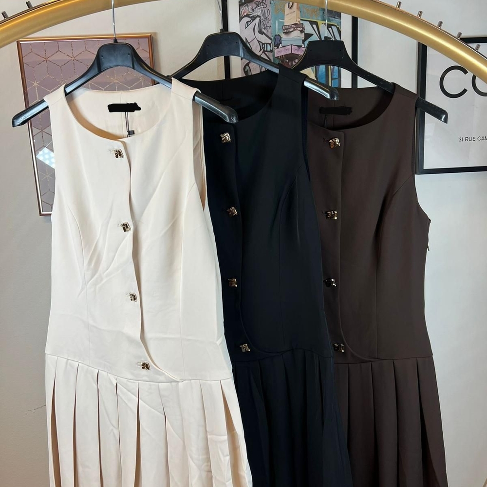 From Paris Elegant Sleeveless Gold Buttoned Pleated Mini Dress - Cream Or Brown